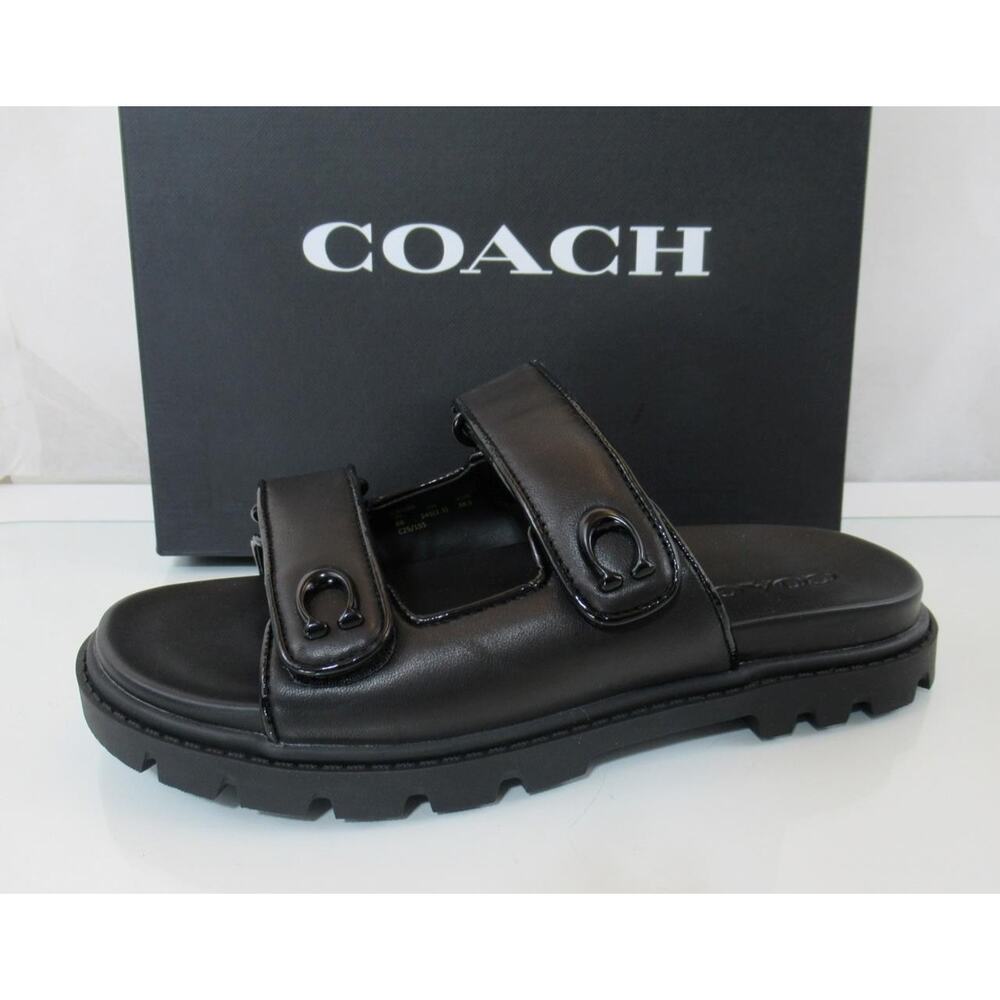 Coach Size 8 Sculpted C Leather Double Strap Band Slide Sandals Flat Heel Black - Picture 2 of 8